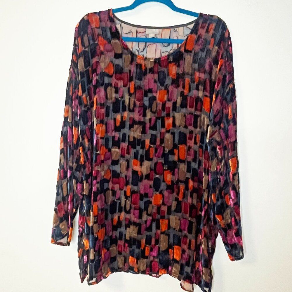 J. Jill Velvet Burnout Abstract Colorblock Sheer Lightweight Blouse Size XL